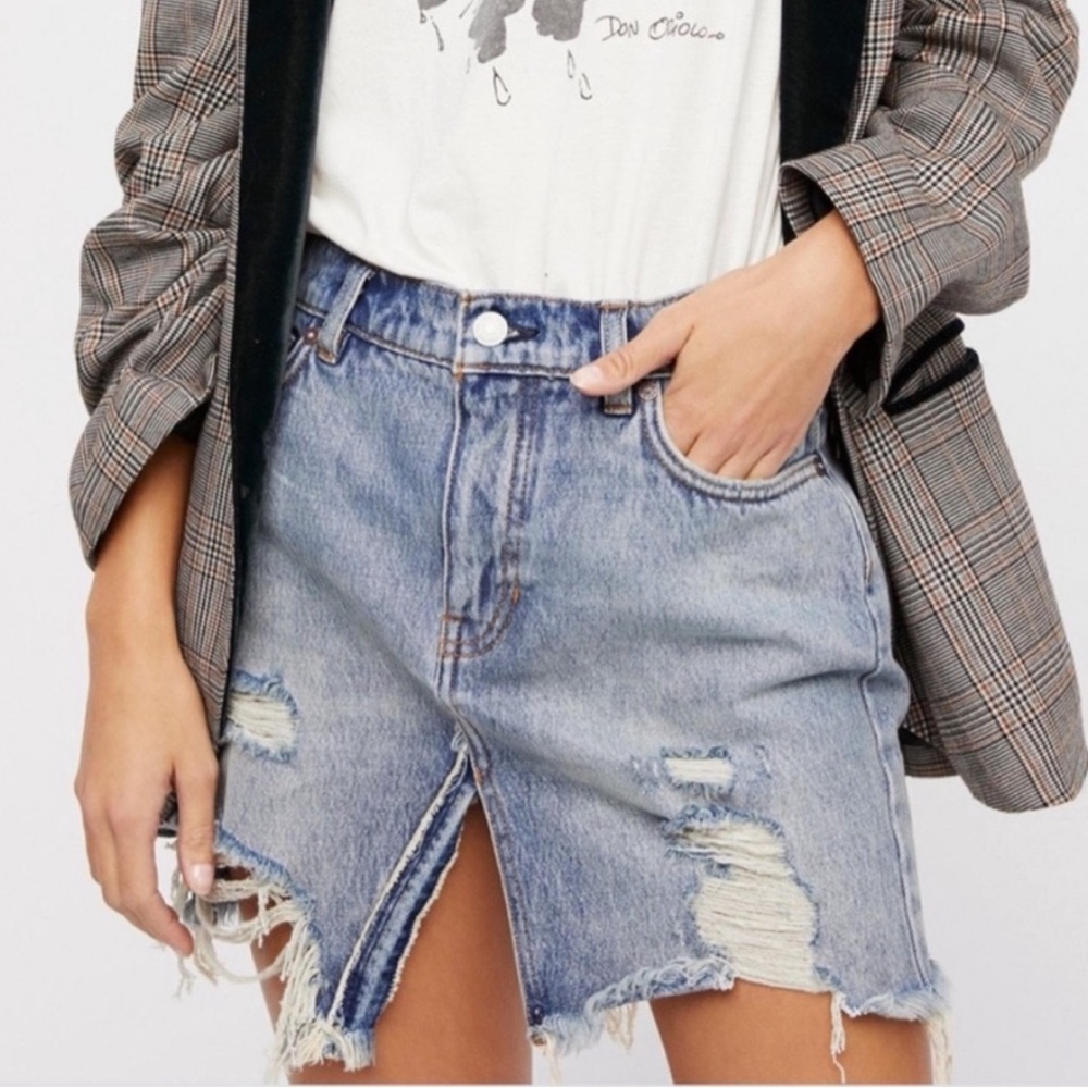 Free People Relaxed And Destroyed Denim Mini Skirt